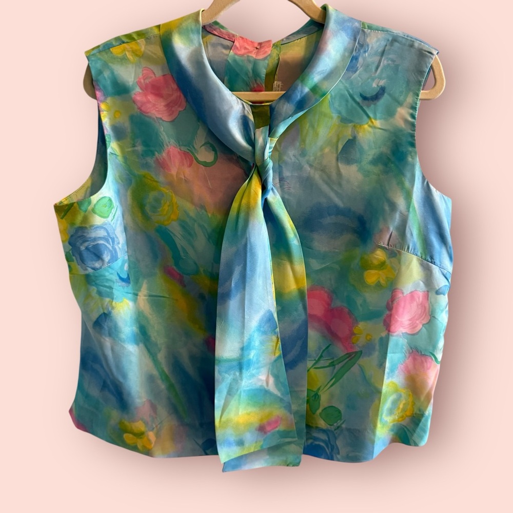 Vintage Watercolor Floral Tie Neck Blouse |